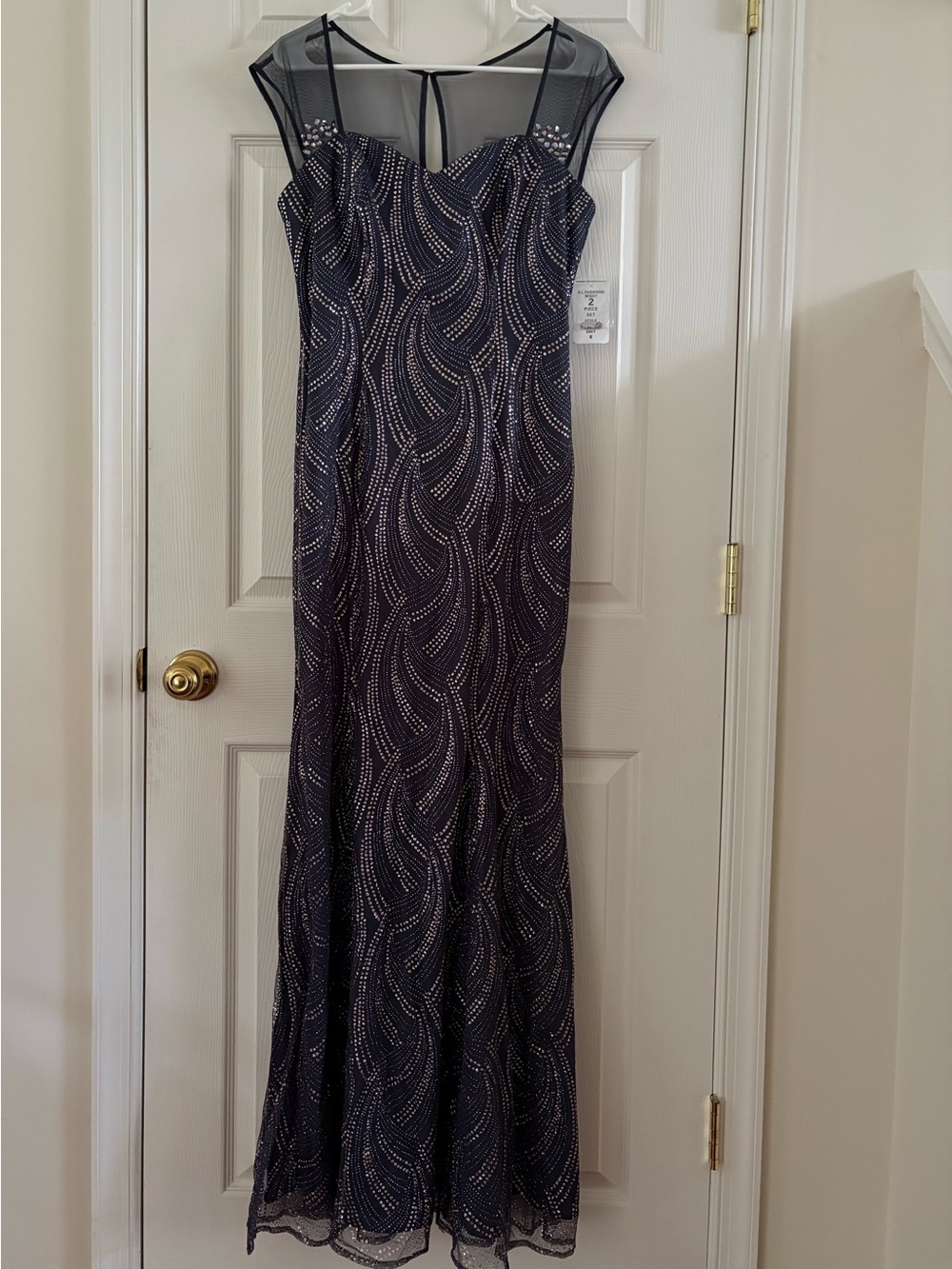 SL Fashions New York Elegant Gray Beaded Mesh Evening Gown